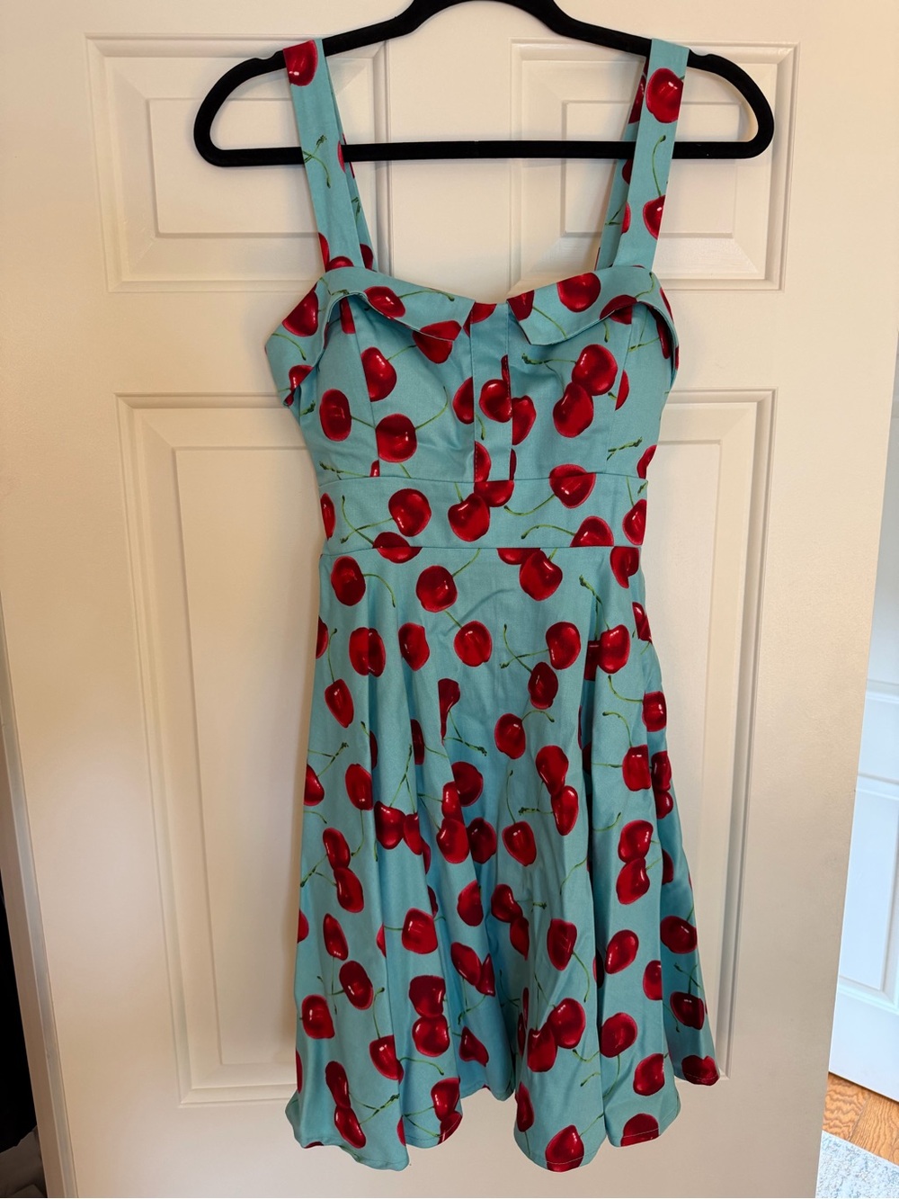 Cherry-Print Sleeveless Midi Dress in Light Blue and Red